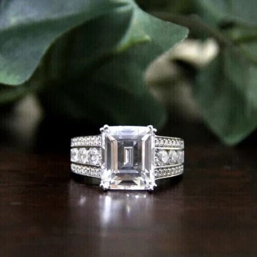 3Ct Emerald Cut Simulated Diamond Stunning Wedding Ring In 14K White Gold Plated