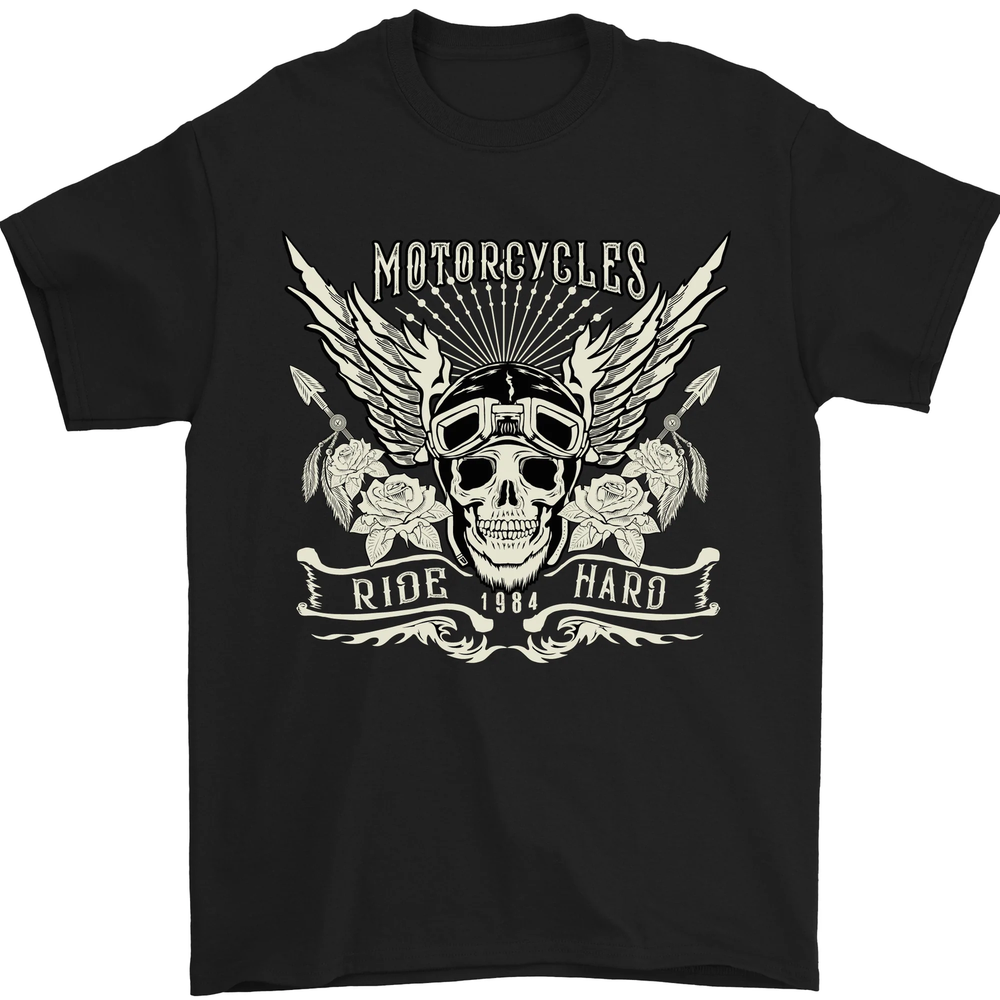 Motorcycles Ride Hard Biker Skull Motorbike Mens T-Shirt 100% Cotton