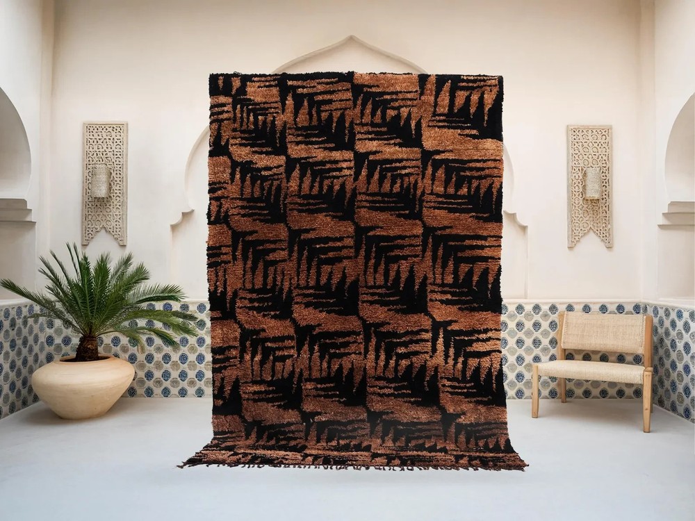 Hand-Knotted Moroccan Berber Wool Rug Color Brown & Black Design Carpet Area Rug