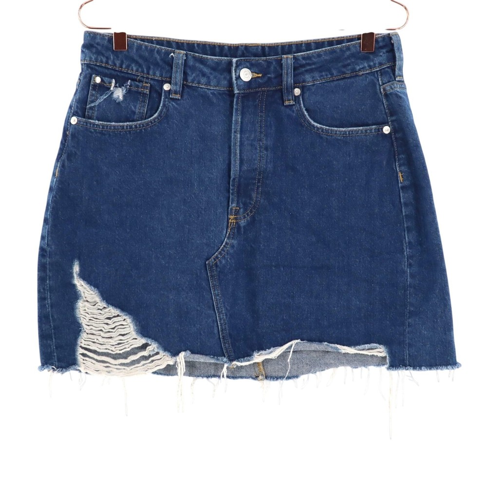 Destroyed Denim Mini Skirt Women Size 10 Blue Grunge Streetwear Alt Fashion Festival Outfit
