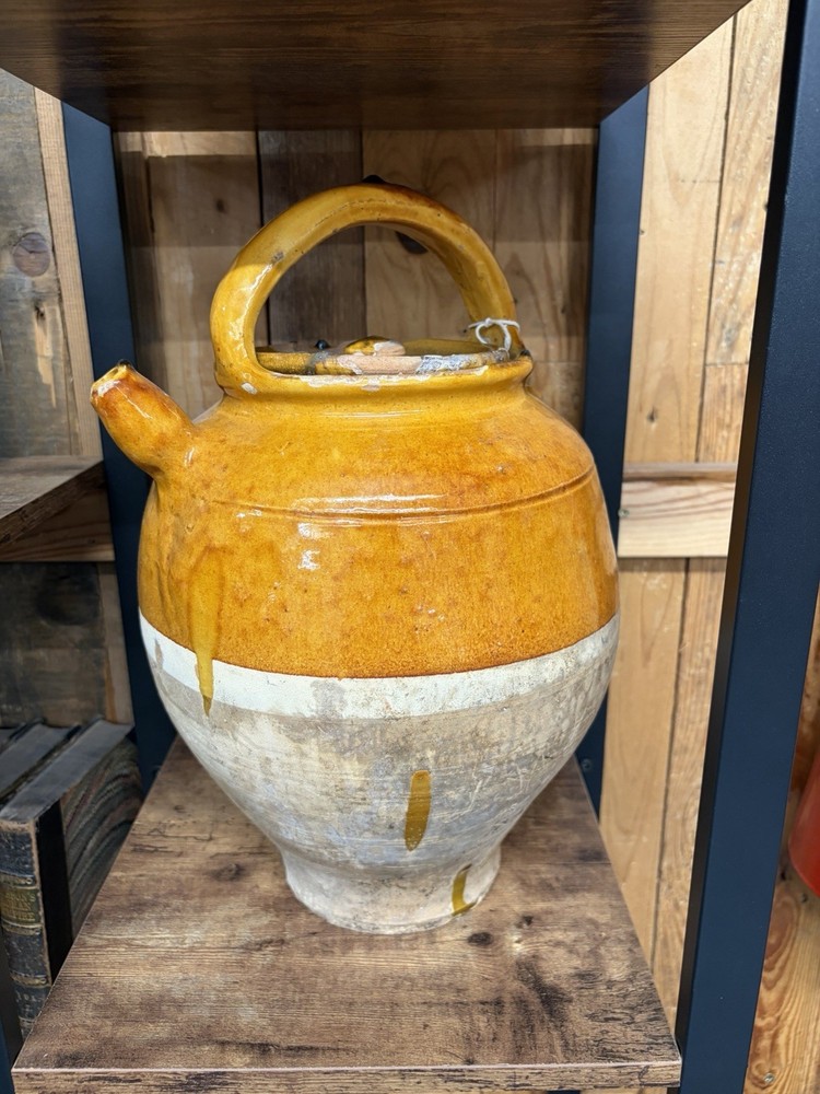 Antique French Glazed Terracotta Confit Pot Jug Mustard Yellow With Lid