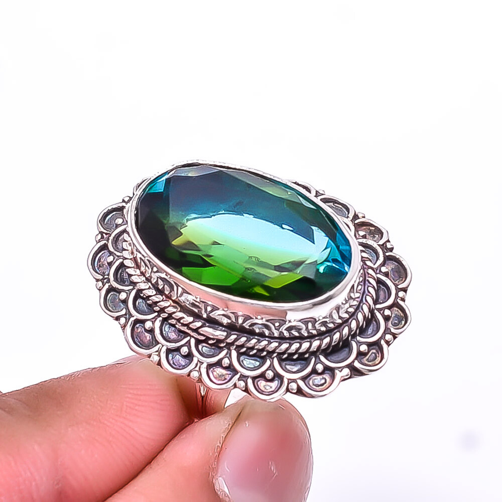 Bi-Colour Tourmaline Fine Art Oxidised 925 Sterling Silver Ring S.7.5 R94512895