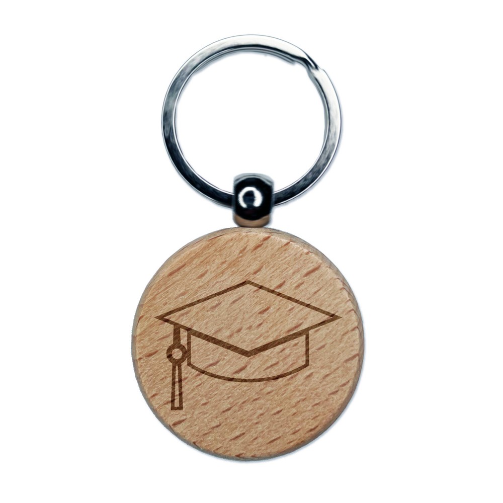 Graduation Cap Hat Engraved Wood Round Keychain Tag Charm