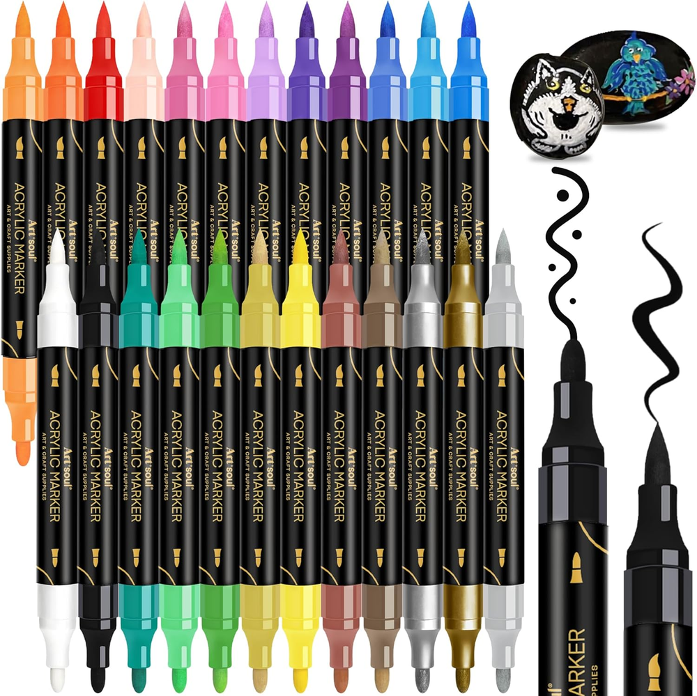 24 Colors Acrylic Paint Pens-Dual Tip Markers, Vibrant, Long Lasting Colors That