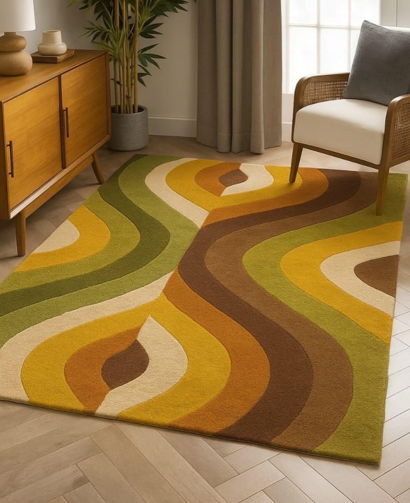 Retro 70s Swirl Area Rug: Mustard, Avocado & Brown, Mid-Century Modern Decor