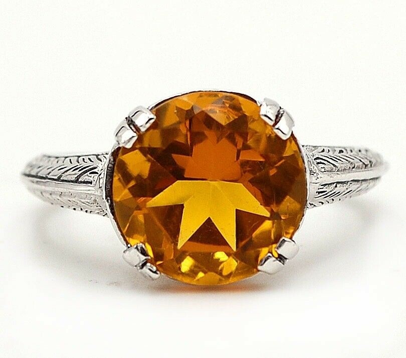 2CT Natural Golden Citrine 925 Solid Sterling Silver Filigree Ring Sz 8 AZ3