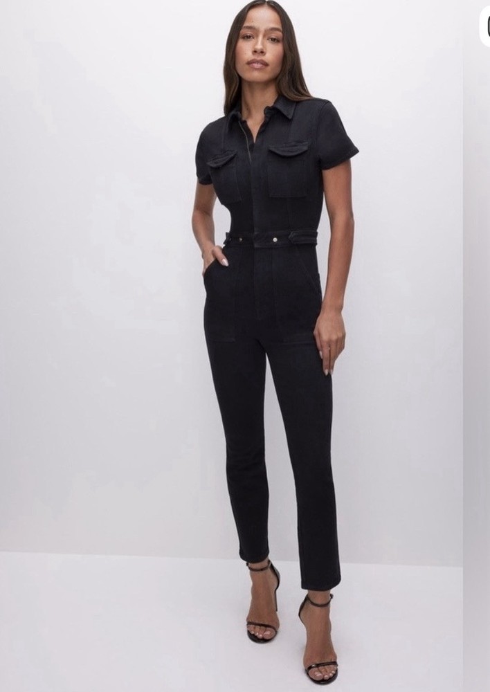 Good American Fit For Success Short Sleeve Bootcut Jumpsuit Black Denim Size XS
