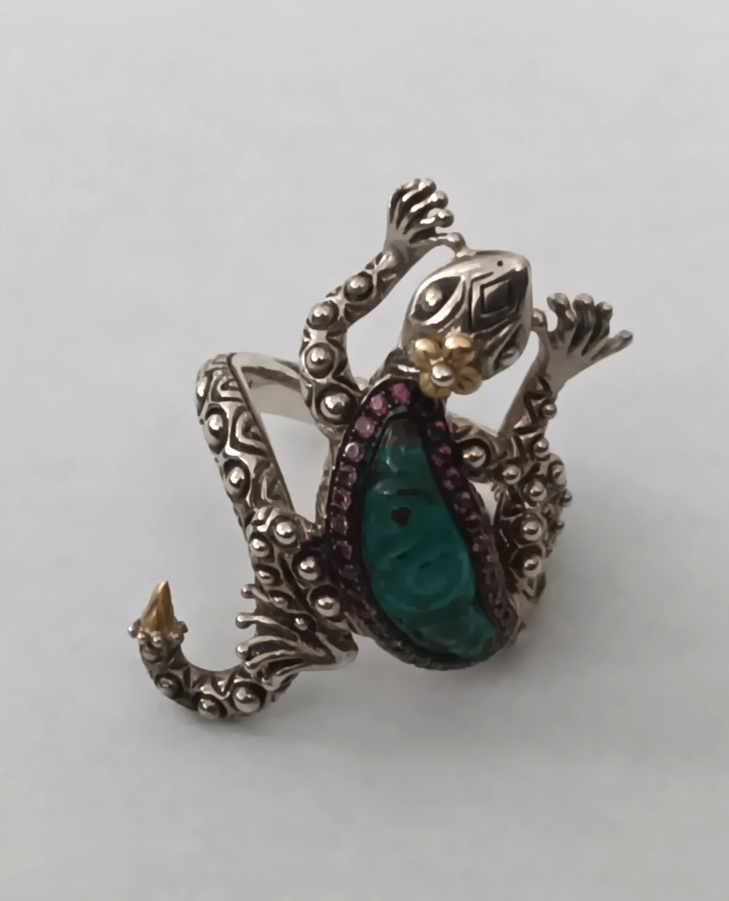 Barbara Bixby Sterling Silver/18K Gemstone Doublet Gecko Ring Size 10