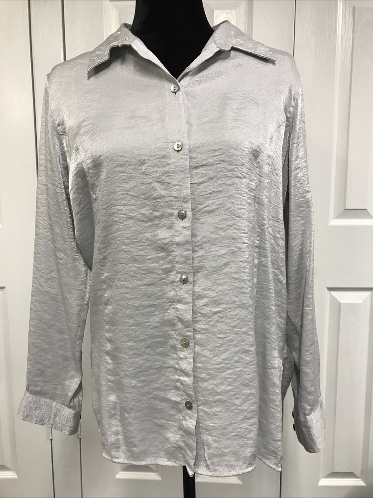 Chicos Size 1, Silver Sparkly Button Front Blouse, Long Sleeves