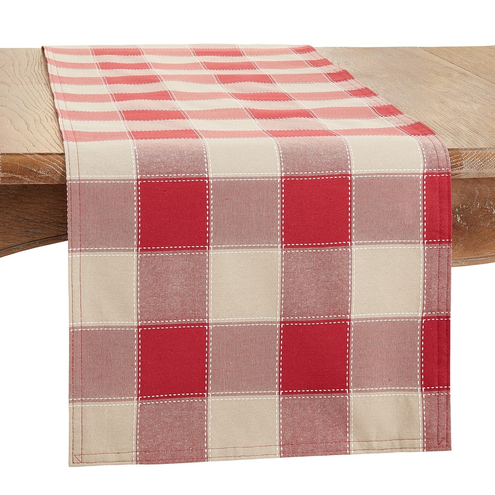 Stitched Plaid Pattern Cotton Table Runner for Farmhouse Dining