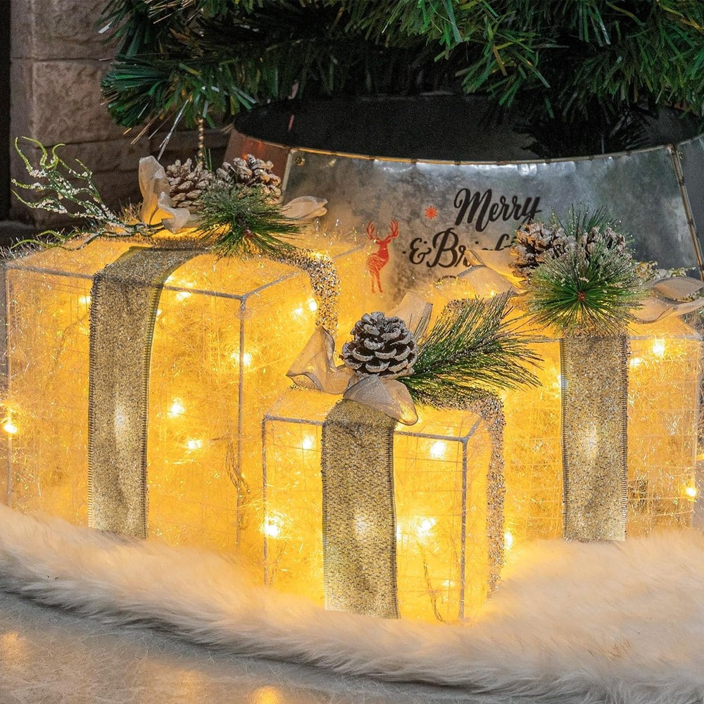 Hourleey 3-Piece Pre-lit Christmas Gift Box Set with 60 LED Lights