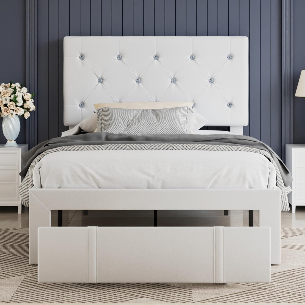 Twin Size Bed Frame with Storage Drawers, Leather Upholstered with Diamond Tu...