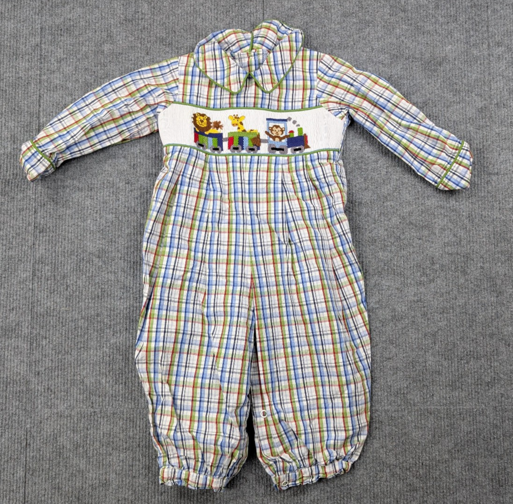 Zuccini Smocked Romper One Piece Baby Boy 9M Zoo Animals Train Novelty Plaid
