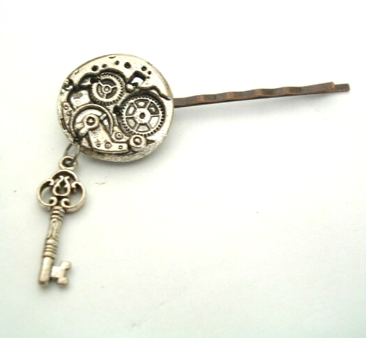 Vintage Pewter Clock & Key Bobby Pin Rare Collectible Hair Accessory