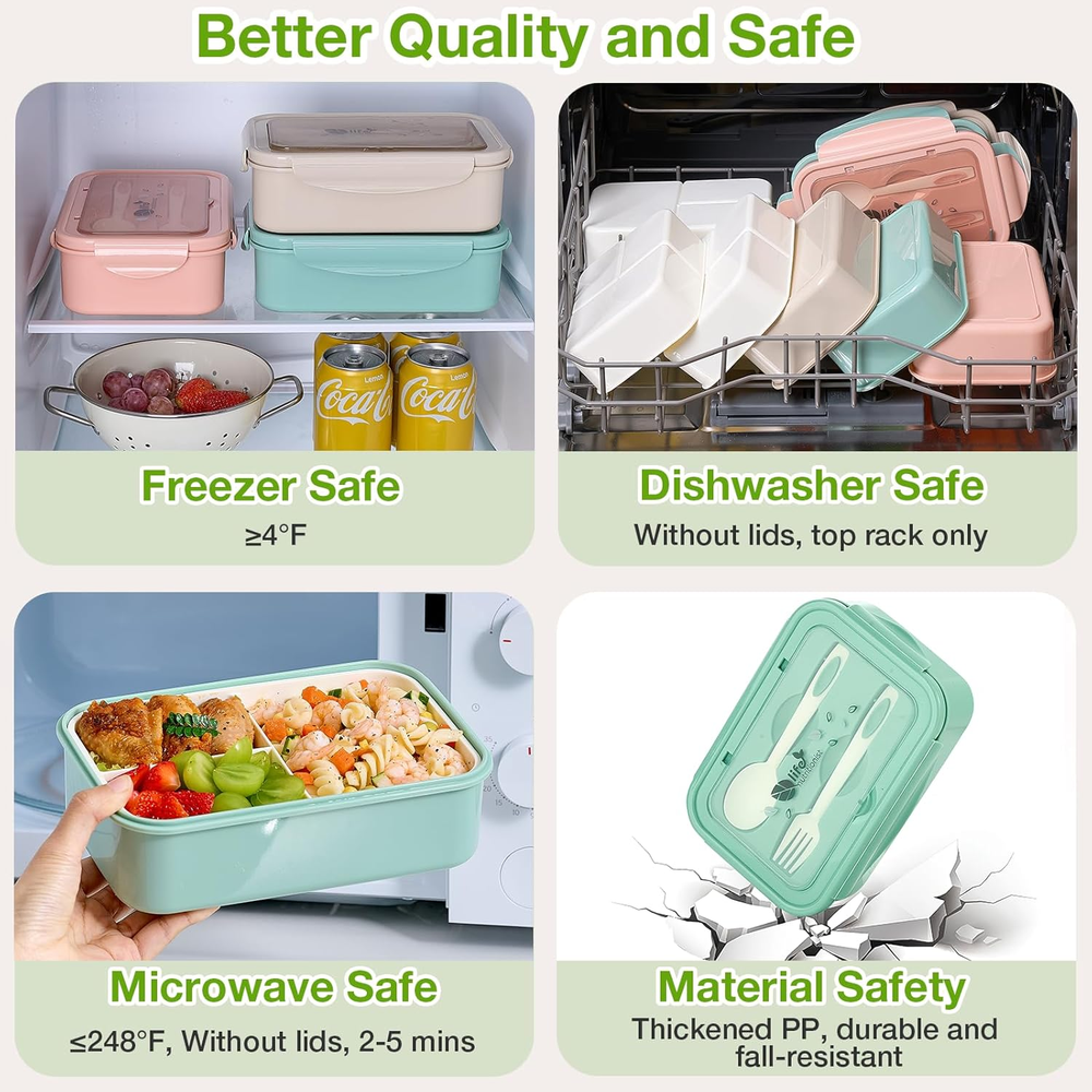 3-Pack 1100ML Bento Lunch Box with Spoon & Fork for Adults & Kids