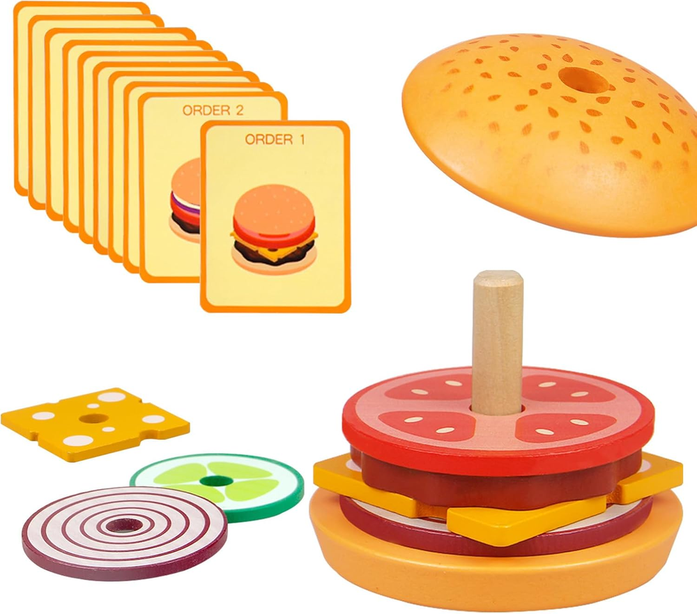 Wooden Burger Stacking Toys for Toddlers Montessori Fine Motor Skills Development
