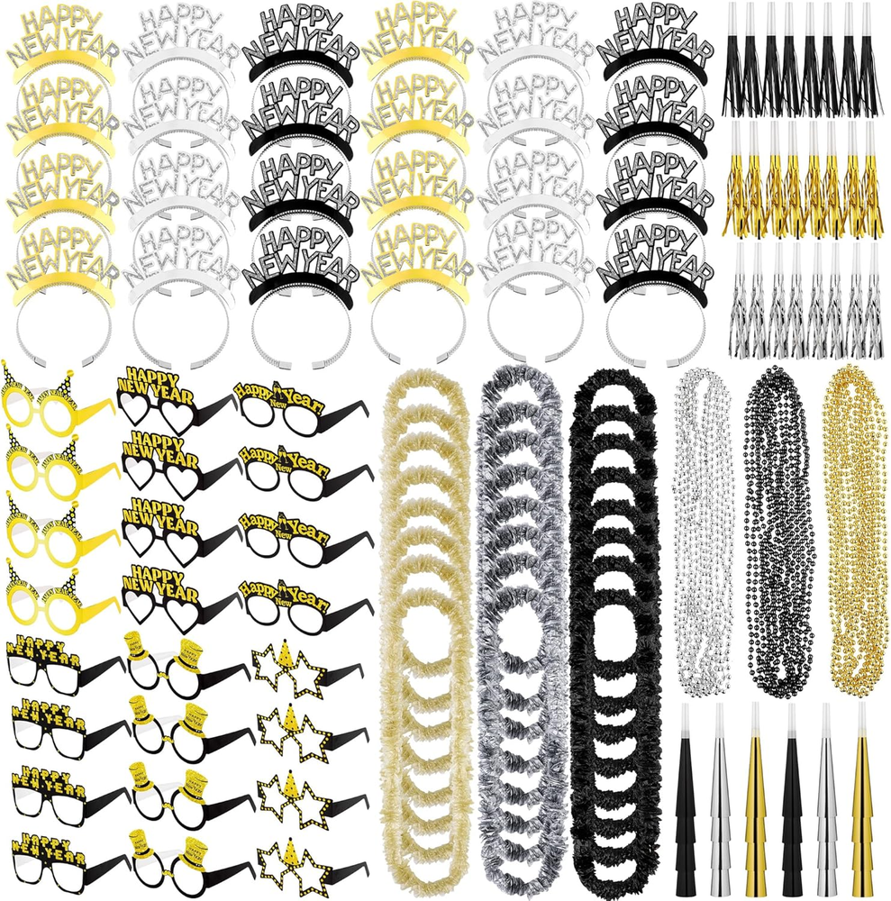 144 Pieces 2025 New Years Eve Party Supplies Includes New Year Glasses Headband-image