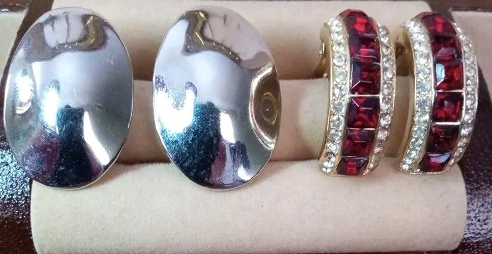 Vintage Silver & Gold Tone Ruby Rhinestone Clip-On Earrings 2 Pair