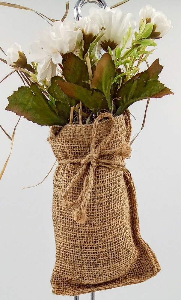 Handmade Burlap Bag with White Daisy Flowers Wire Hanger Jute Bow 8