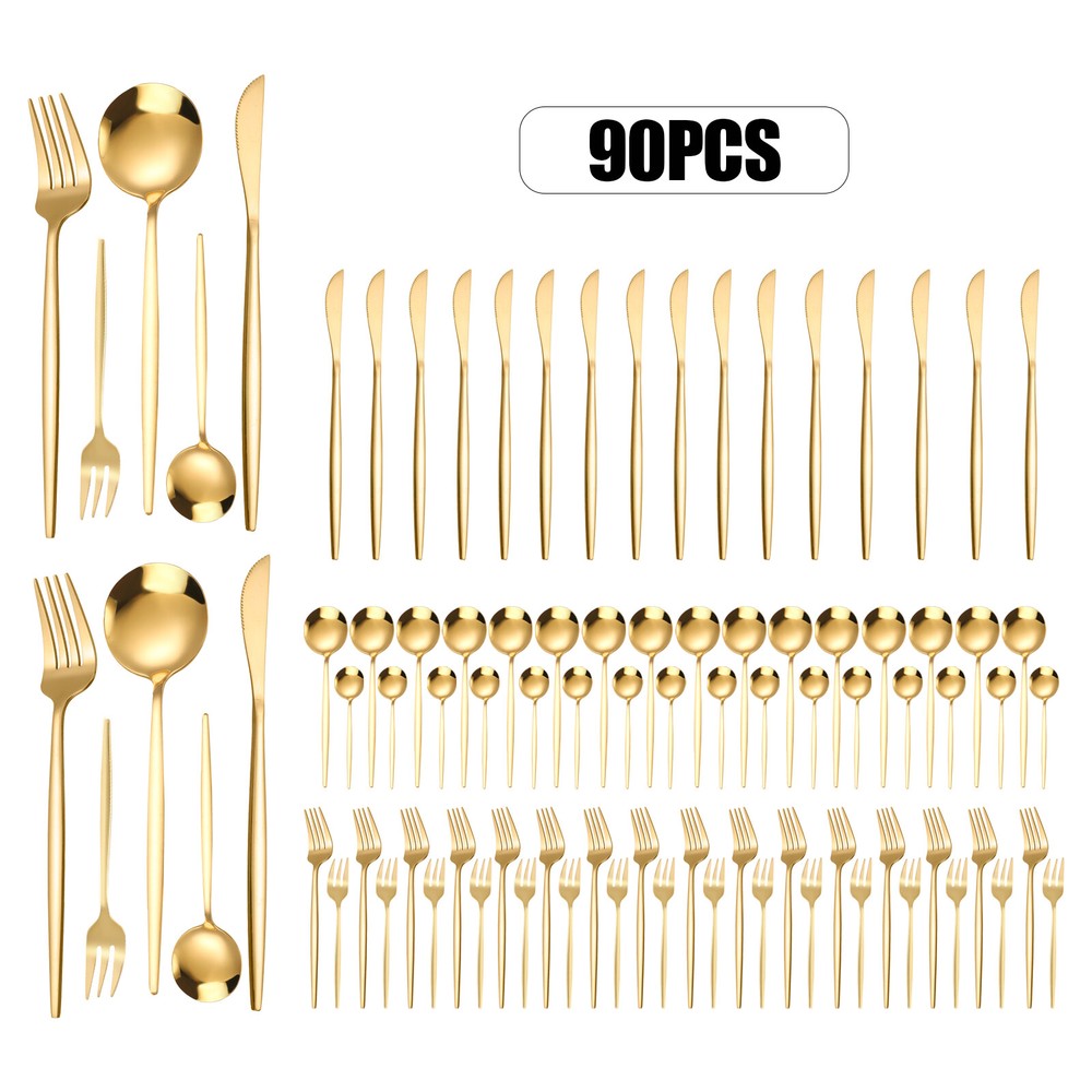 90pcs Silverware 410 Stainless Steel Flatware Sets Dishwasher Safe  Gold