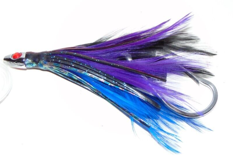 PURPLE BLUE FEATHER RIGGED BIG GAME FISHING LURE TUNA,DOLPHIN,DORADO,MAHI,ONO