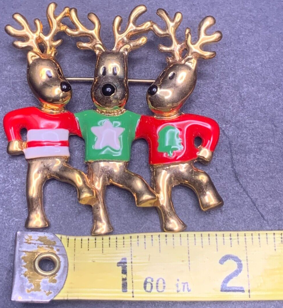 Vintage Christmas Reindeer Brooch Pin Gold