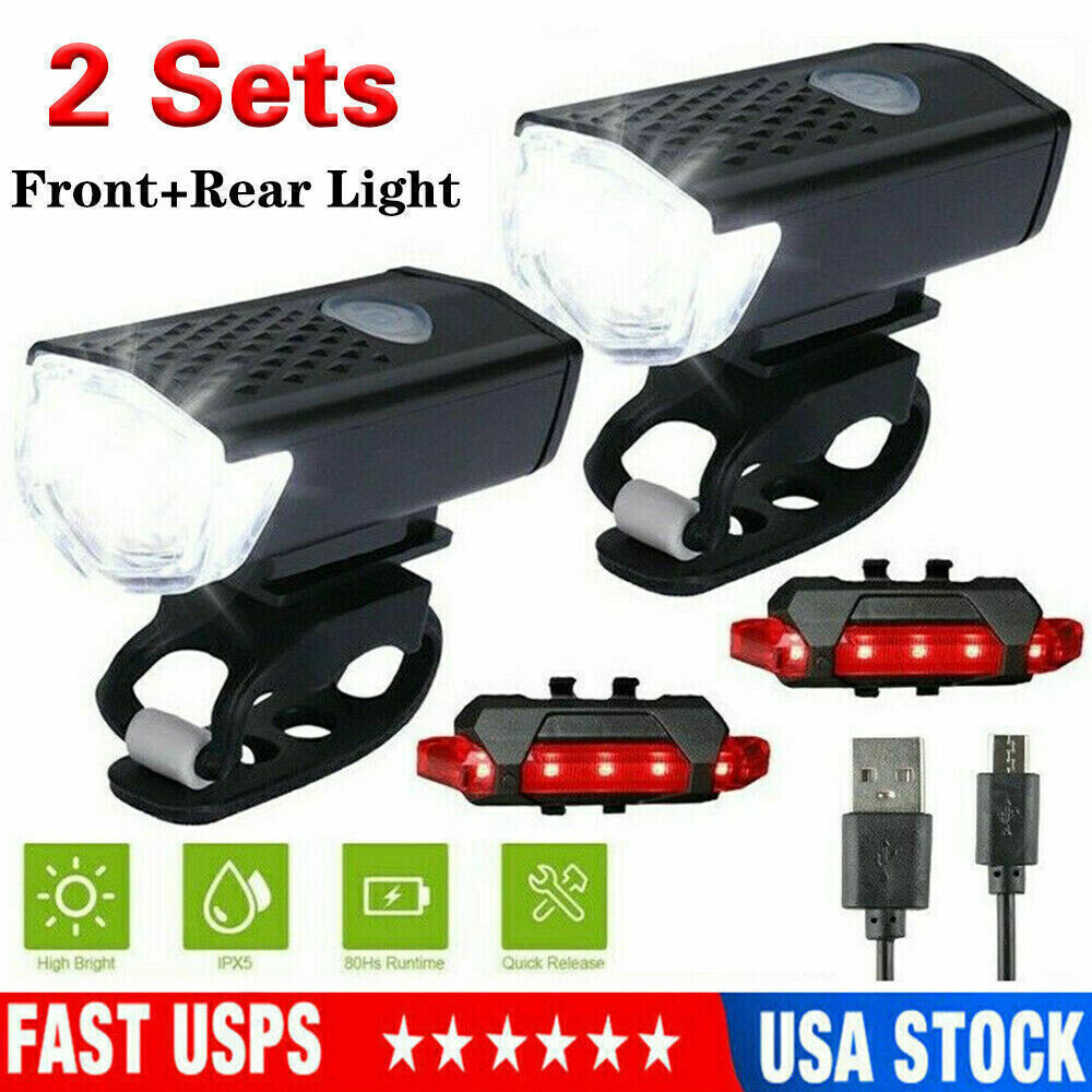 2 Sets USB Rechargeable LED Bike Lights Front and Rear Cycling Safety Lamps