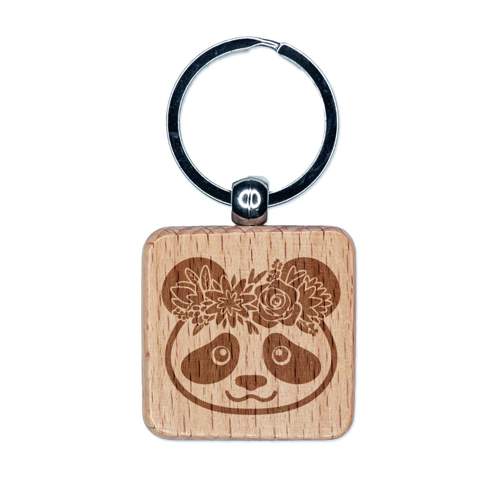 Panda Flower Crown Engraved Wooden Square Keychain Charm  