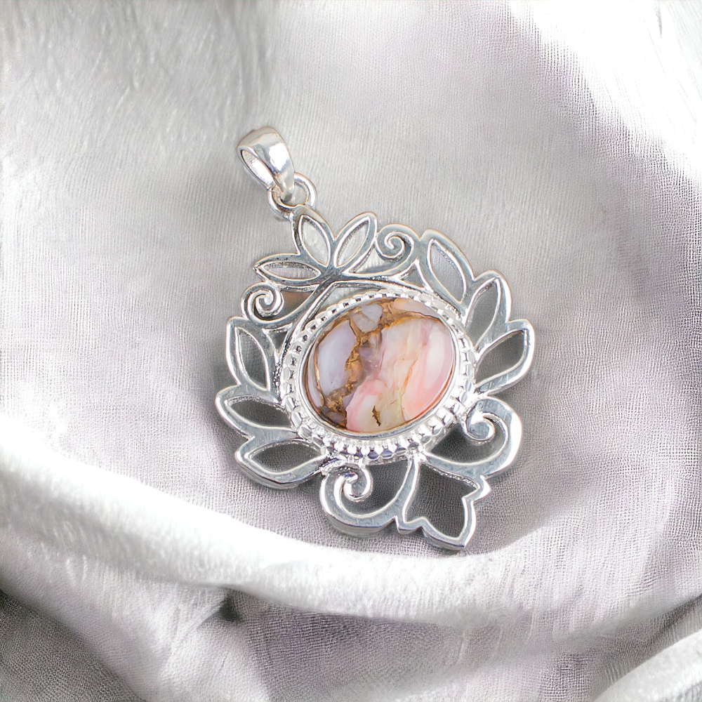 Wedding Gift For Her 925 Silver Natural Pink Opal Turquoise Pendant Handcarfted