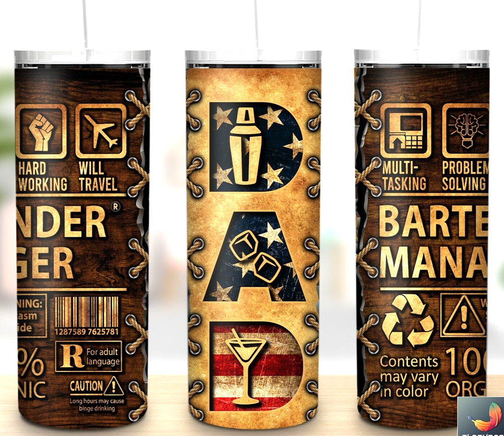 Fathers Day Bartender Multicolor 20oz Insulated Tumbler Lid Clear Straw New-image