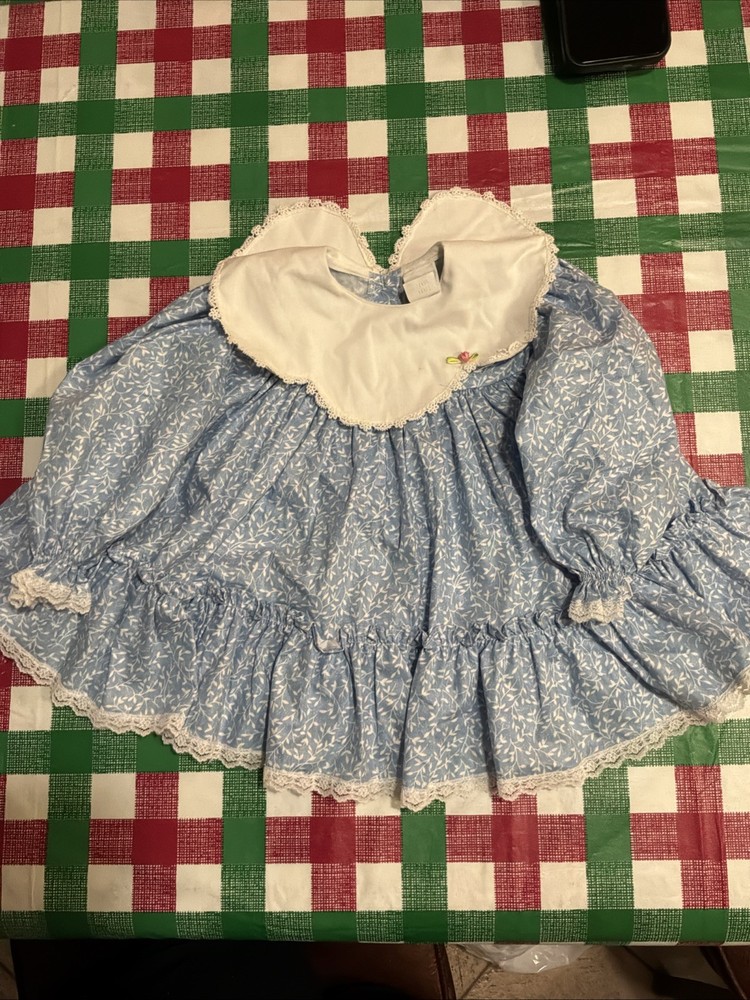 Vtg Bryan Baby Girls Dress 18 months Ruffled Blue  Bow Layered Lace Puffy Sleeve