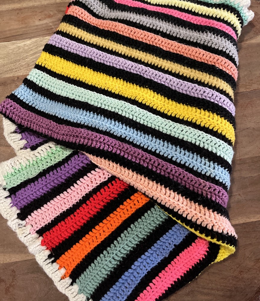 Vintage Baby Blanket Afghan Handmade Crochet Rainbow Stripe  Approx. 62x33.5
