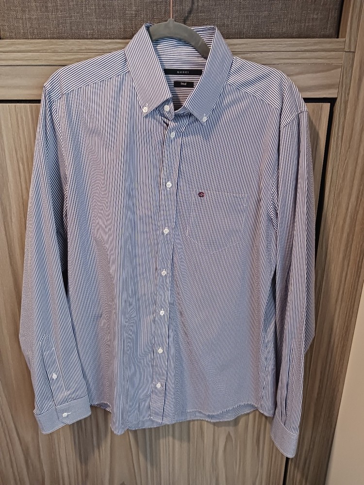 Gucci Men’s Fitted Blue Striped Button Up Long Sleeve Shirt Size 41/16 or LARGE