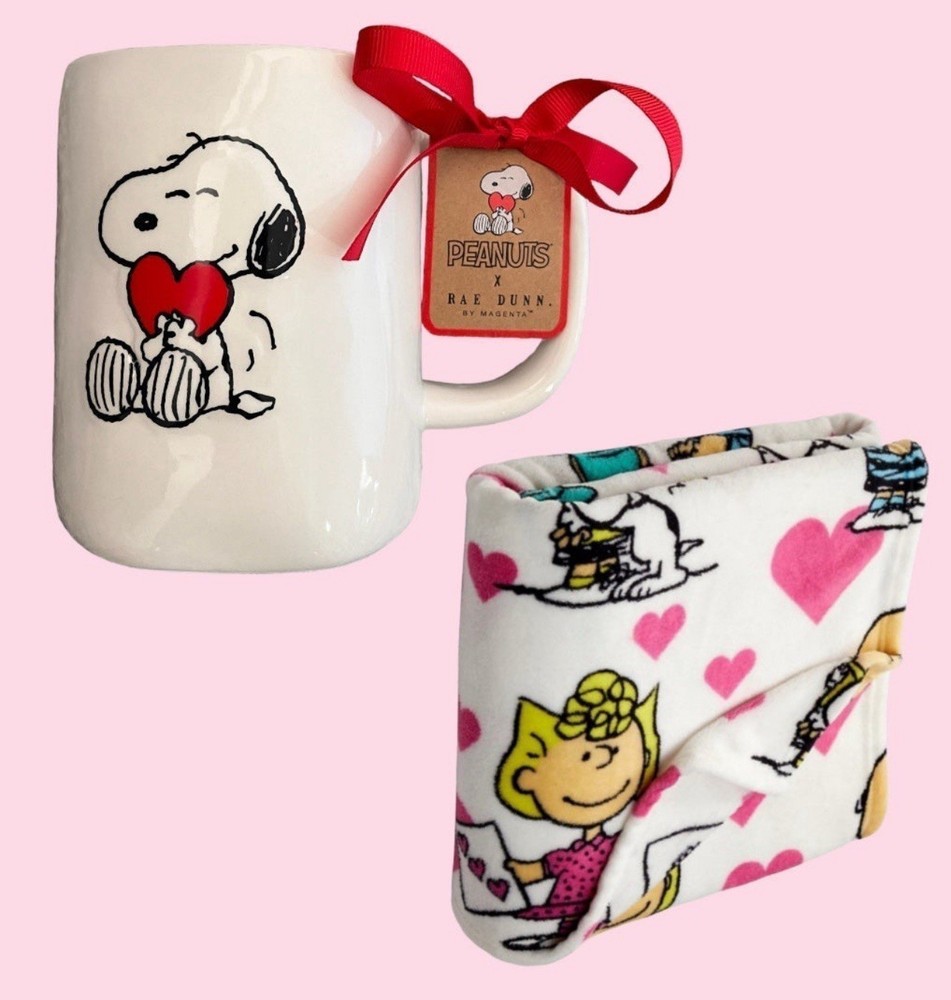 Rae Dunn Peanuts Valentines”Be My Valentine” Mug & Peanuts Throw Blanket Set