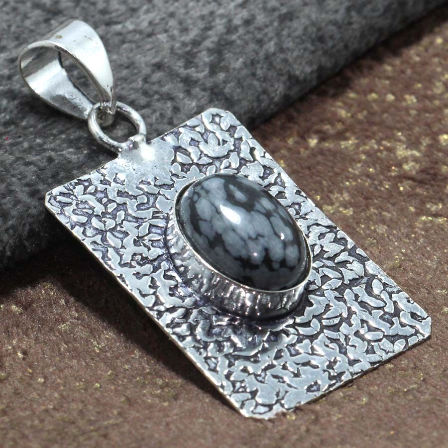 Snowflake Obsidian Silver Plated Pendant 1.8 Inch Elegant Jewelry Gift