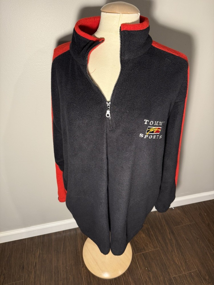 Vintage Tommy Sports Fleece Quarter Zip Pullover Black Red Men’s XL USA Made 90s