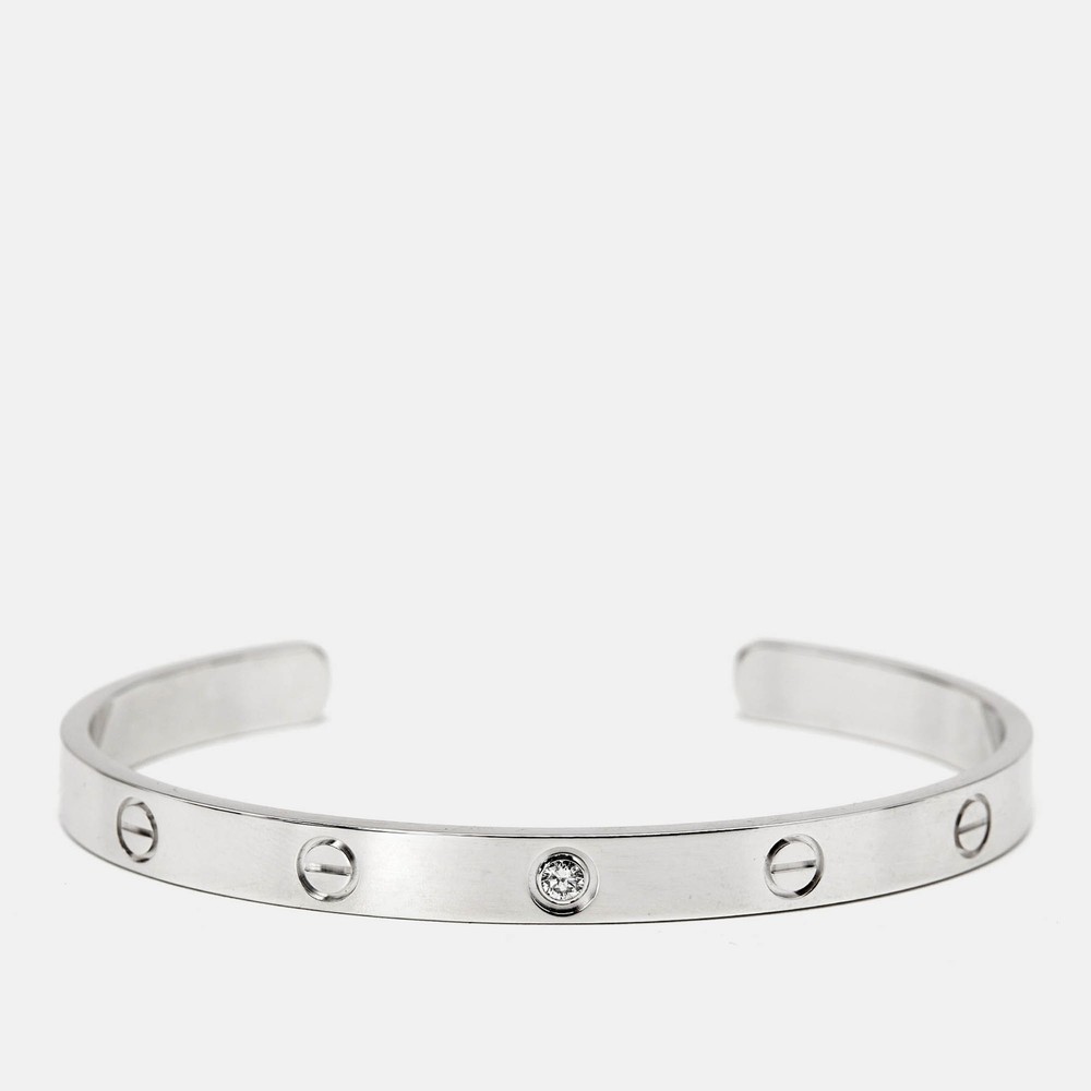 Cartier Love 18k White Gold 1 Diamond Open Cuff Bracelet Size 19