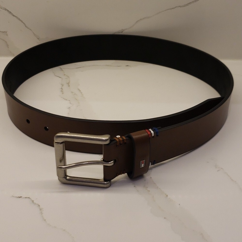 Tommy Hilfiger Brown Leather TH Belt for Men Size 30/32 with Silver Buckle