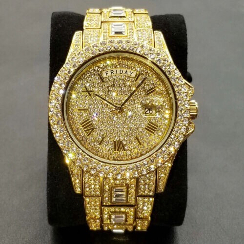 Luxury Hip Hop Men's Ice-Out Watch Bling Diamond Gold Waterproof