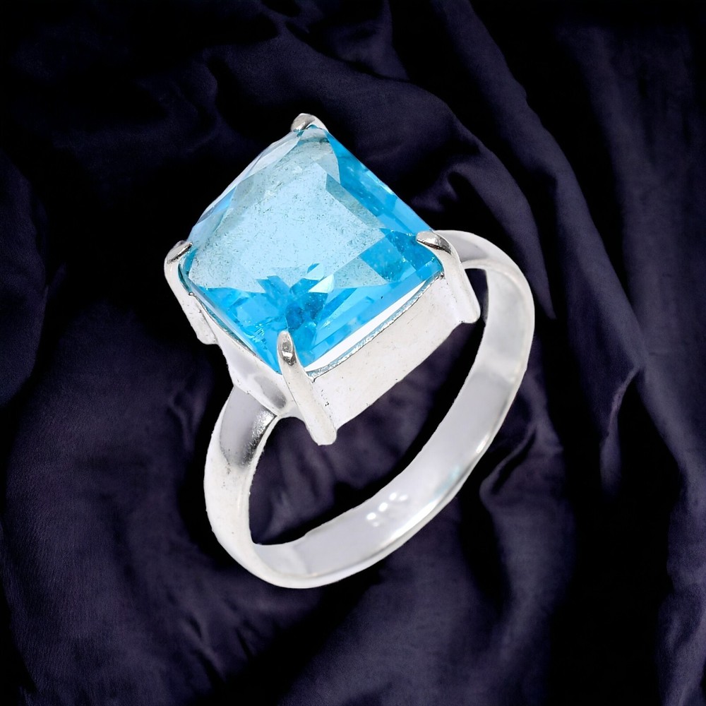 Gift For Her Natural Sky Blue Topaz Statement Ring Size 9.25 925 Silver