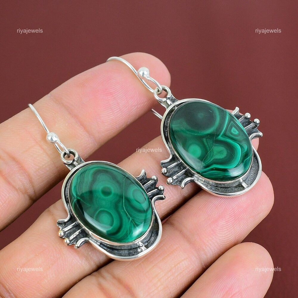 Natural Malachite Gemstone Drop/Dangle Green Earrings 925 Sterling Silver