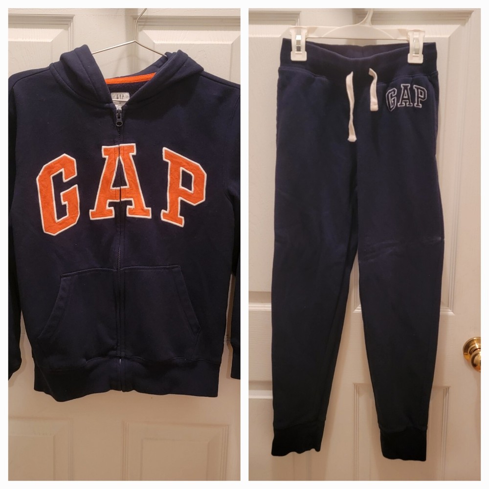 GAP Kids Navy Blue & Orange Boys Sweatsuit with Logo Zip Up Hoodie - Size XL