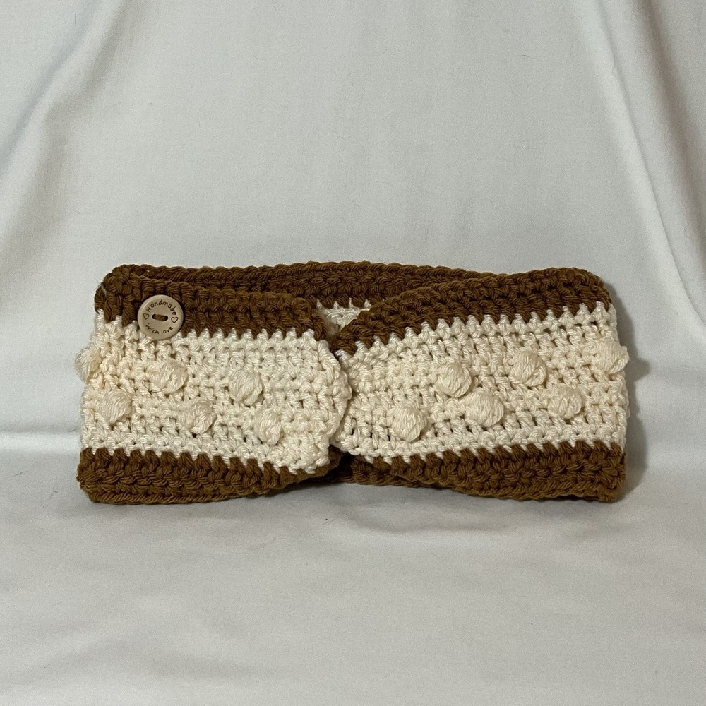 Handmade Crochet Brown Cream Headband Twist Front Bobble Stitch Ear Warmer Women