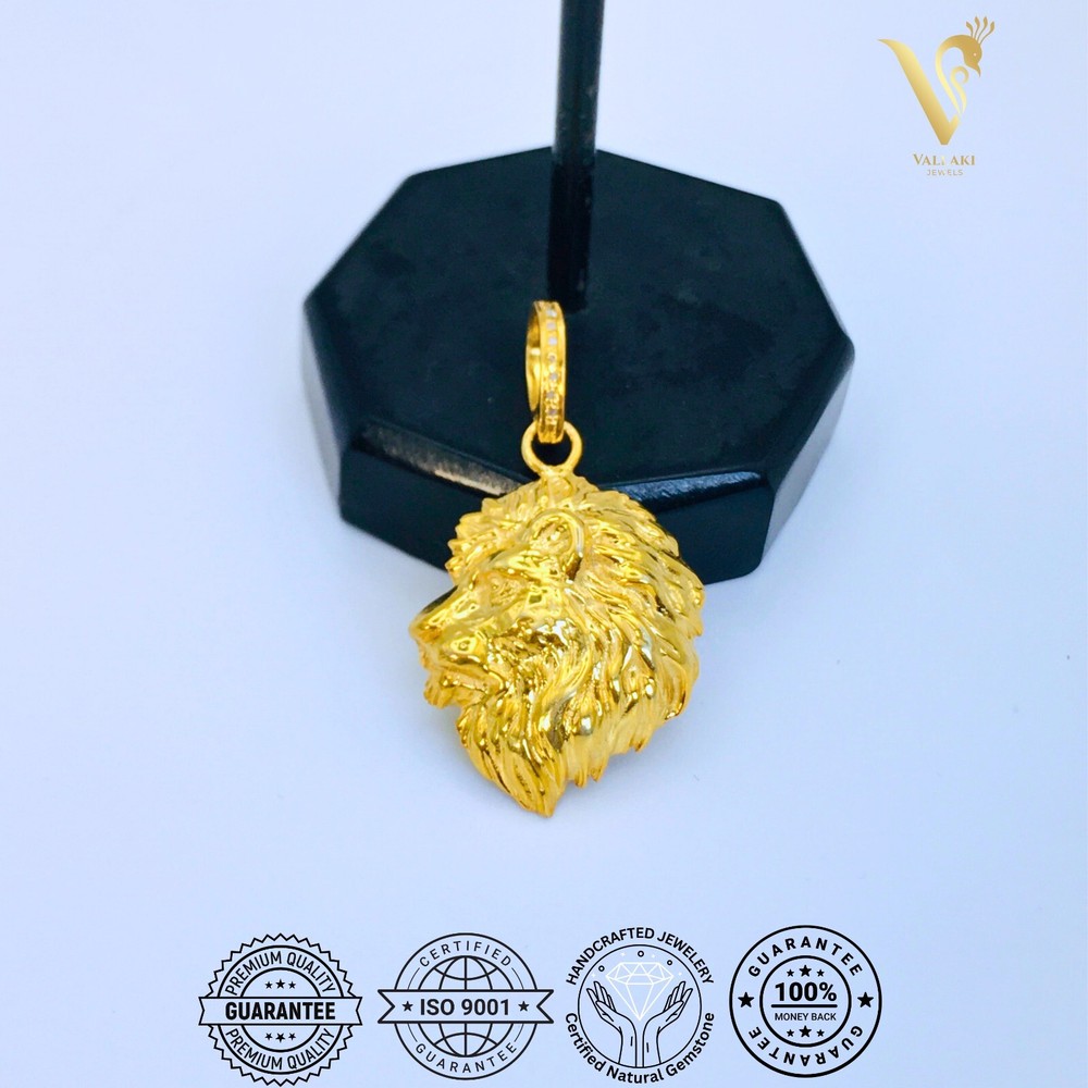 Handmade Lion Head Face 925 Sterling Silver Pendant, 14k Gold Lion Pendant