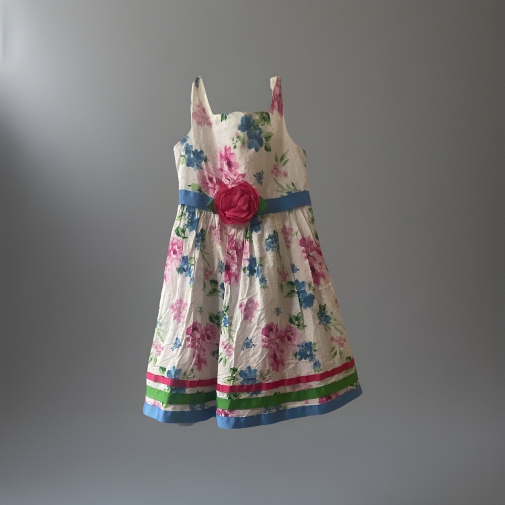 Youngland Girls Size 5T Floral Sleeveless Dress Pink Blue White Easter Spring
