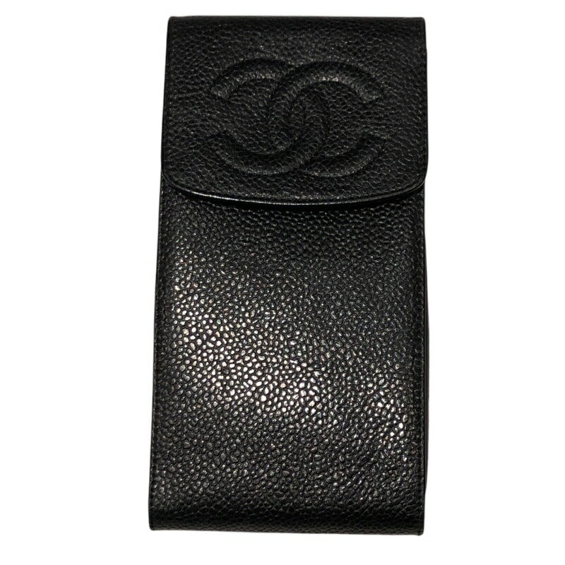 CHANEL Caviar Leather Chain Shoulder Phone Case Black Gold Hardware for Women