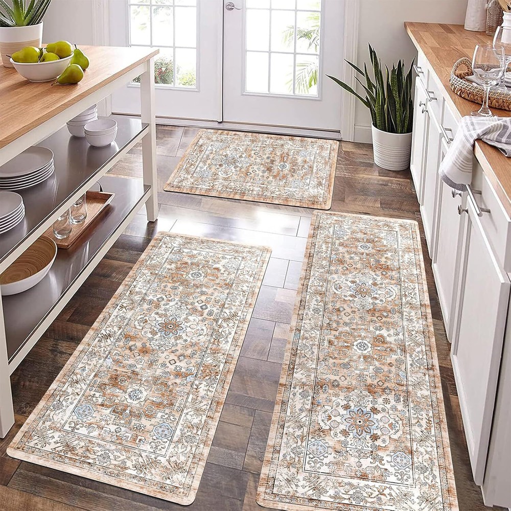 Pauwer Boho Kitchen Rugs Sets of 3 Non Slip Rubber Mats for Floor Waterproof