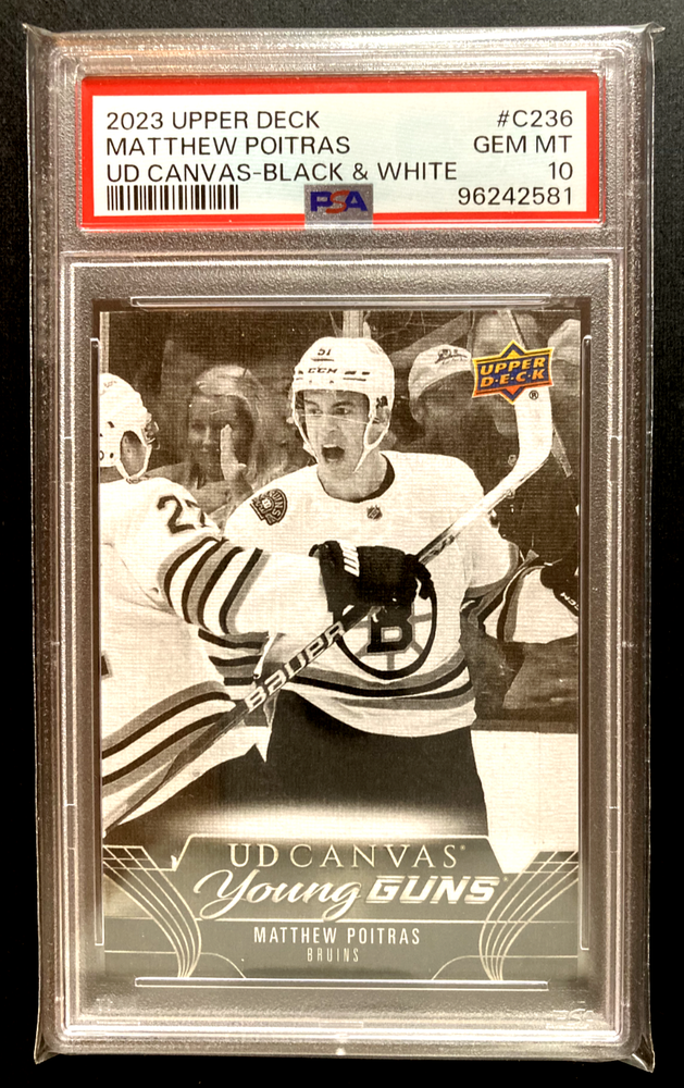 2023-24 Upper Deck UD Canvas Matthew Poitras PSA 10 B&W Bruins Hockey Card