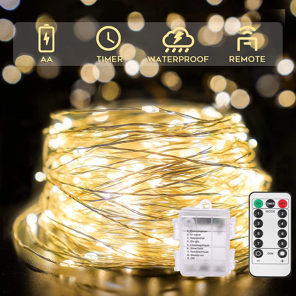 33Ft 100 LED Outdoor String Lights, Warm White Fairy Lights Battery Operated wit