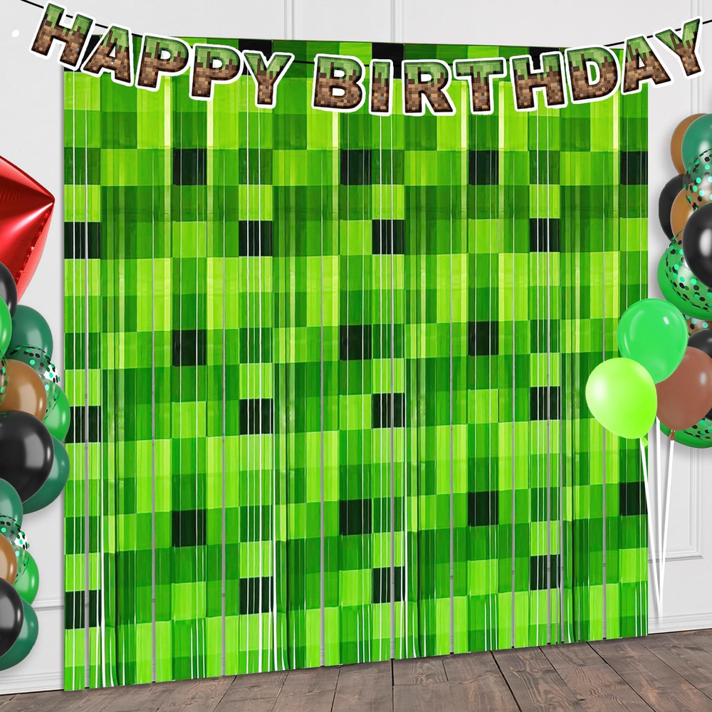 2 Pack Green Foil Fringe Curtains Pixel Birthday Backdrop, 3.2X6.6Ft Video Game